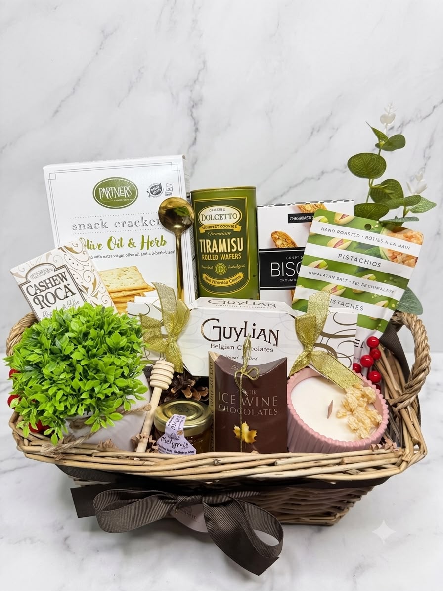A wicker gift basket filled with assorted gourmet snacks, tea, crackers, a candle, and small greenery accents, photographed on a light marble surface against a white marble background.