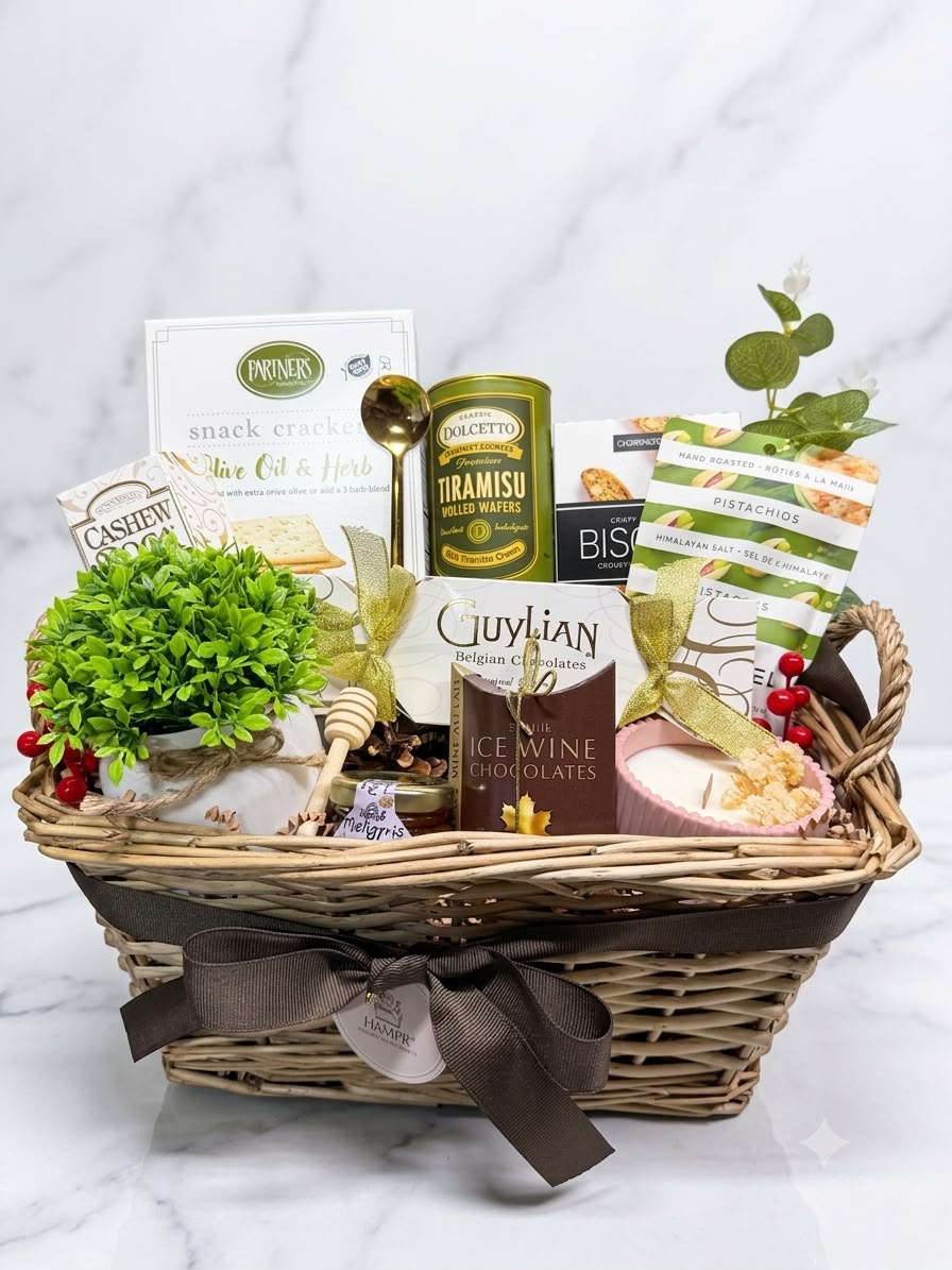 A wicker gift basket filled with assorted gourmet snacks, chocolates, and a candle, decorated with a brown ribbon and small greenery, set against a white marble background.