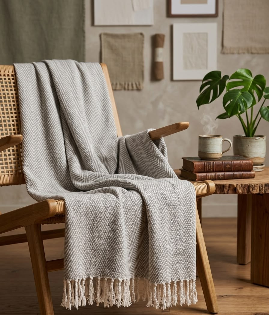 Cloud Grey Herringbone Handwoven Throw Blanket (51"x71")