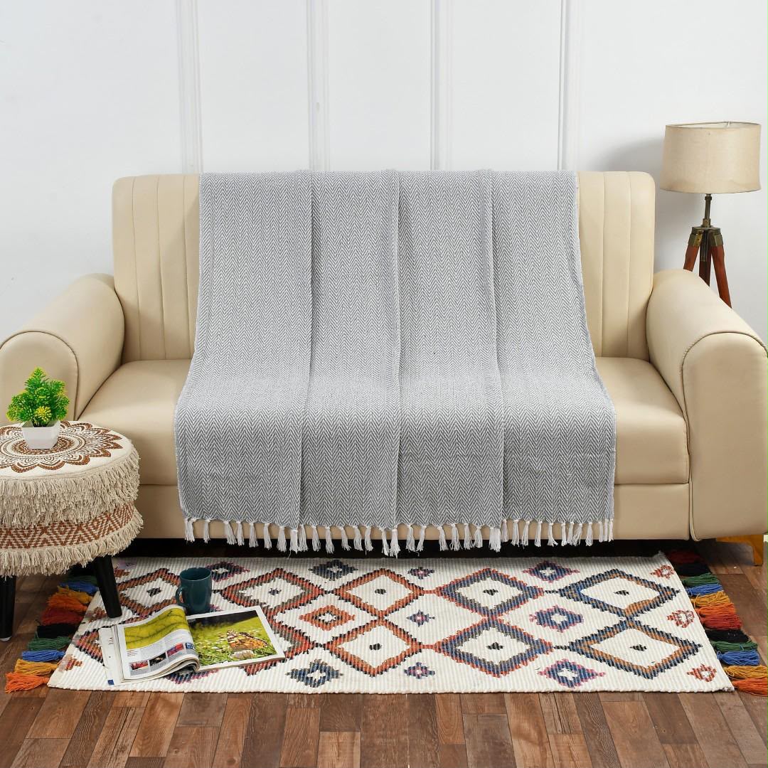 Cloud Grey Herringbone Handwoven Throw Blanket (51"x71")