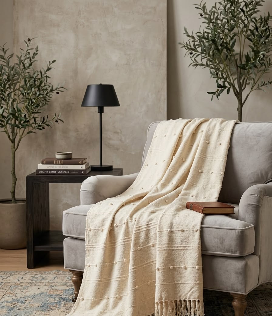 Ivory Dot Handwoven Throw Blanket (51"x71")
