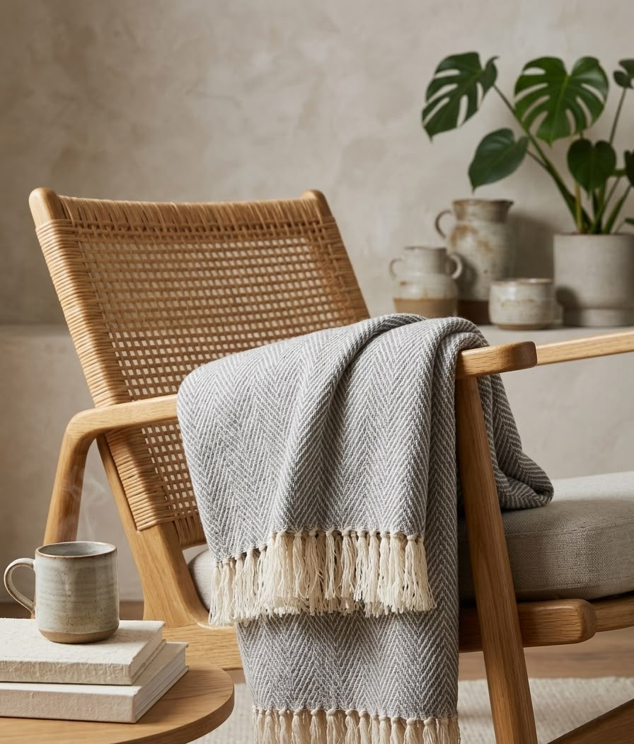 Cloud Grey Herringbone Handwoven Throw Blanket (51"x71")