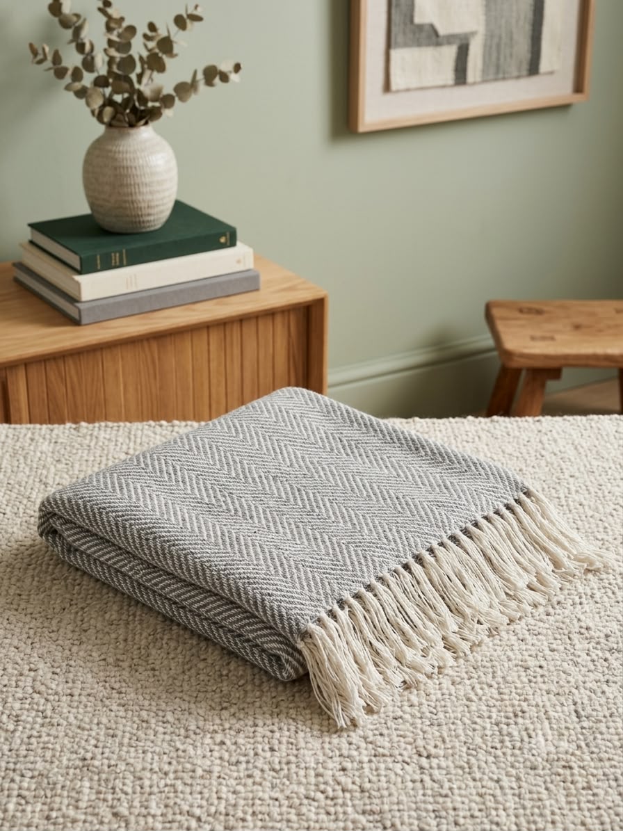 Cloud Grey Herringbone Handwoven Throw Blanket (51"x71")